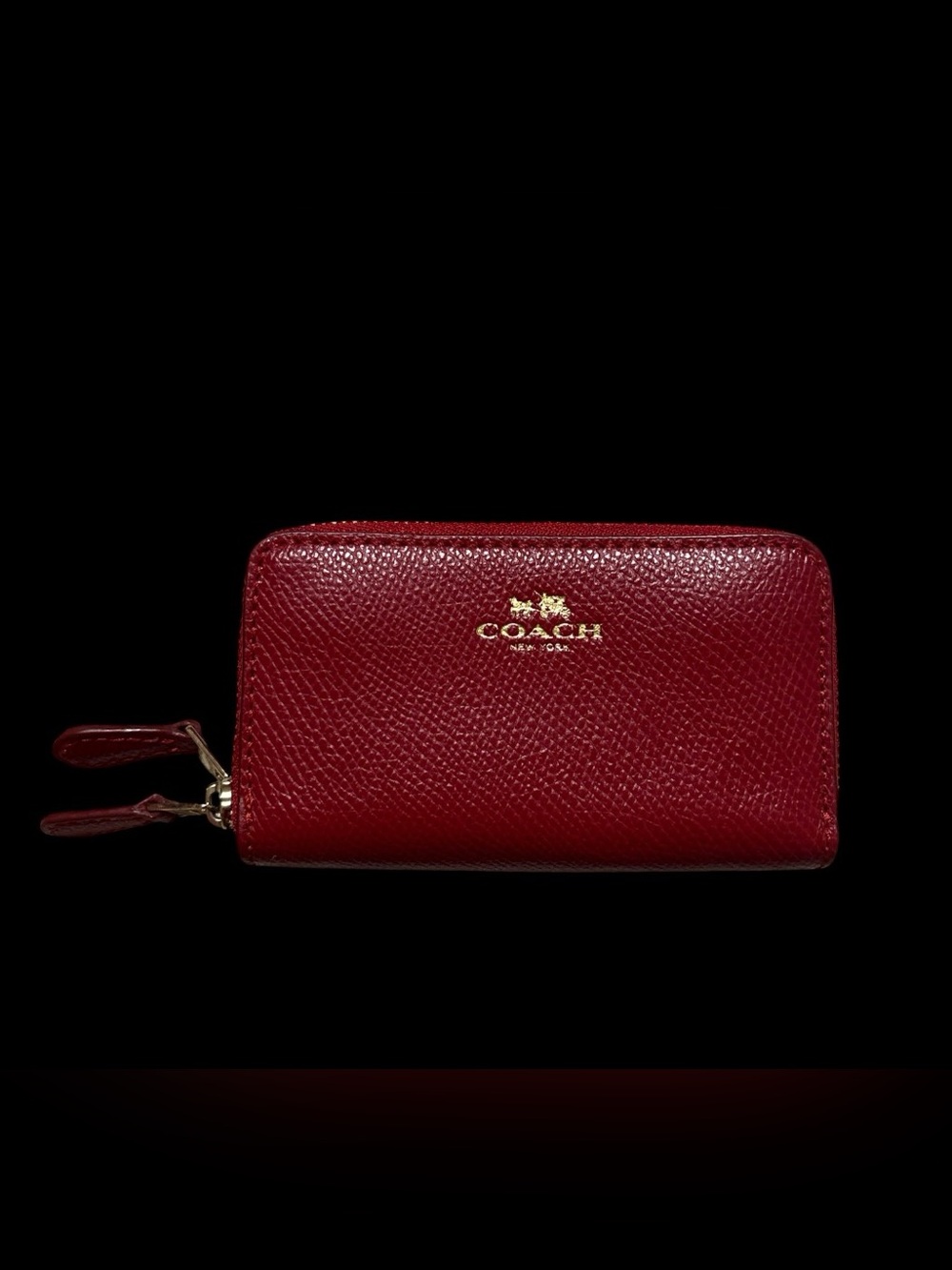 Coach Double Zip Coin Case in Crossgrain Leather - Red with Gold Logo